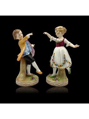 Early 1900s E. & A. Müller Schwarza Saalbahn Porcelain Girl & Boy Figurines